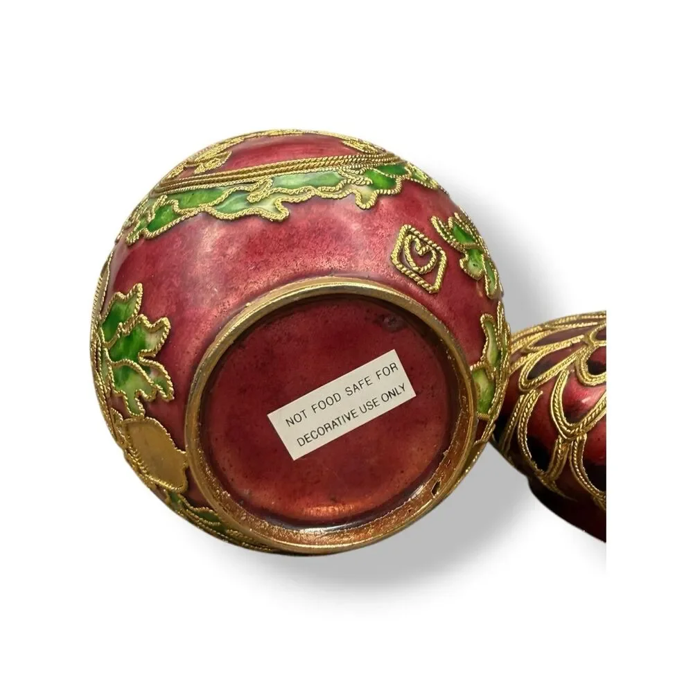 Vintage Cloisonné Enamel Acorn Trinket Box Decorated Jar Burgundy & Gold‎